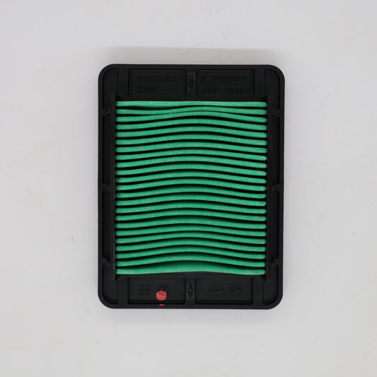 A rectangular automotive air filter with a black plastic frame and green pleated filter media, shown from a top-down view on a light gray background.