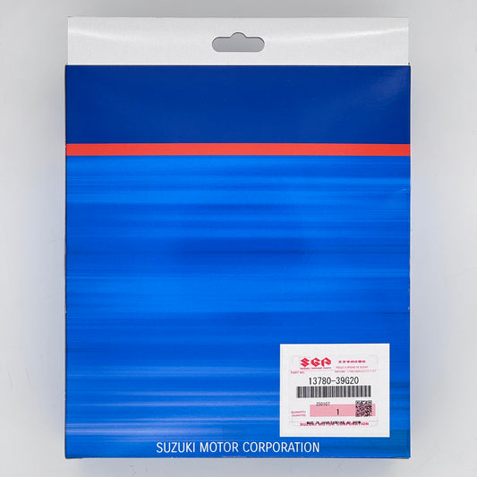 Blue packaging with a red stripe on a gray background
