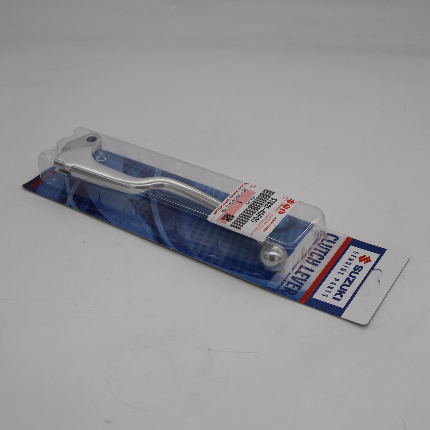 Metal lever on a clear plastic card with a blue border on a white background