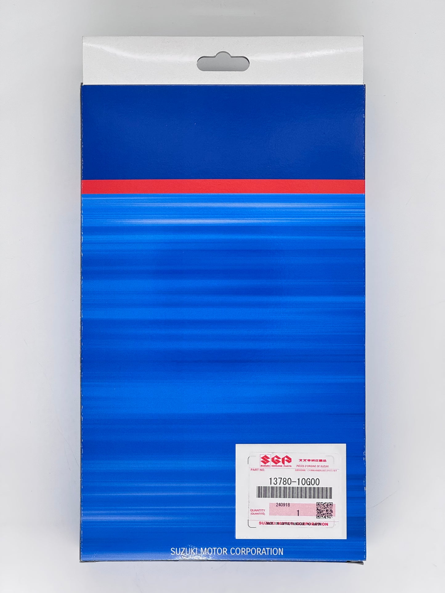 Blue packaging with a red stripe on a gray background
