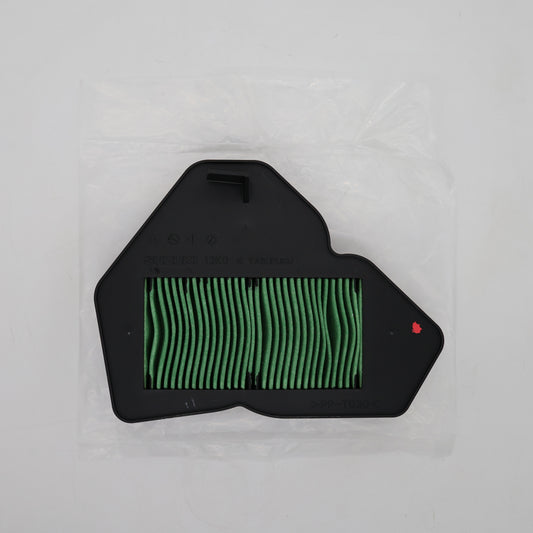 A replacement air filter with a black plastic frame and green pleated filter media, sealed in a clear plastic bag on a light gray background.