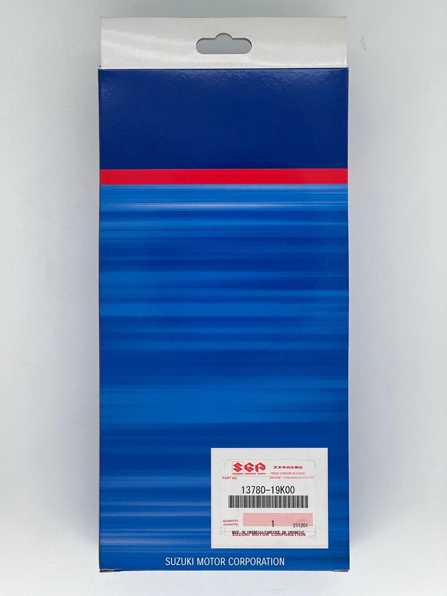 Blue packaging with red stripe on a gray background