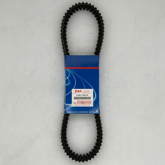 Black timing belt with a blue packaging label on a gray background