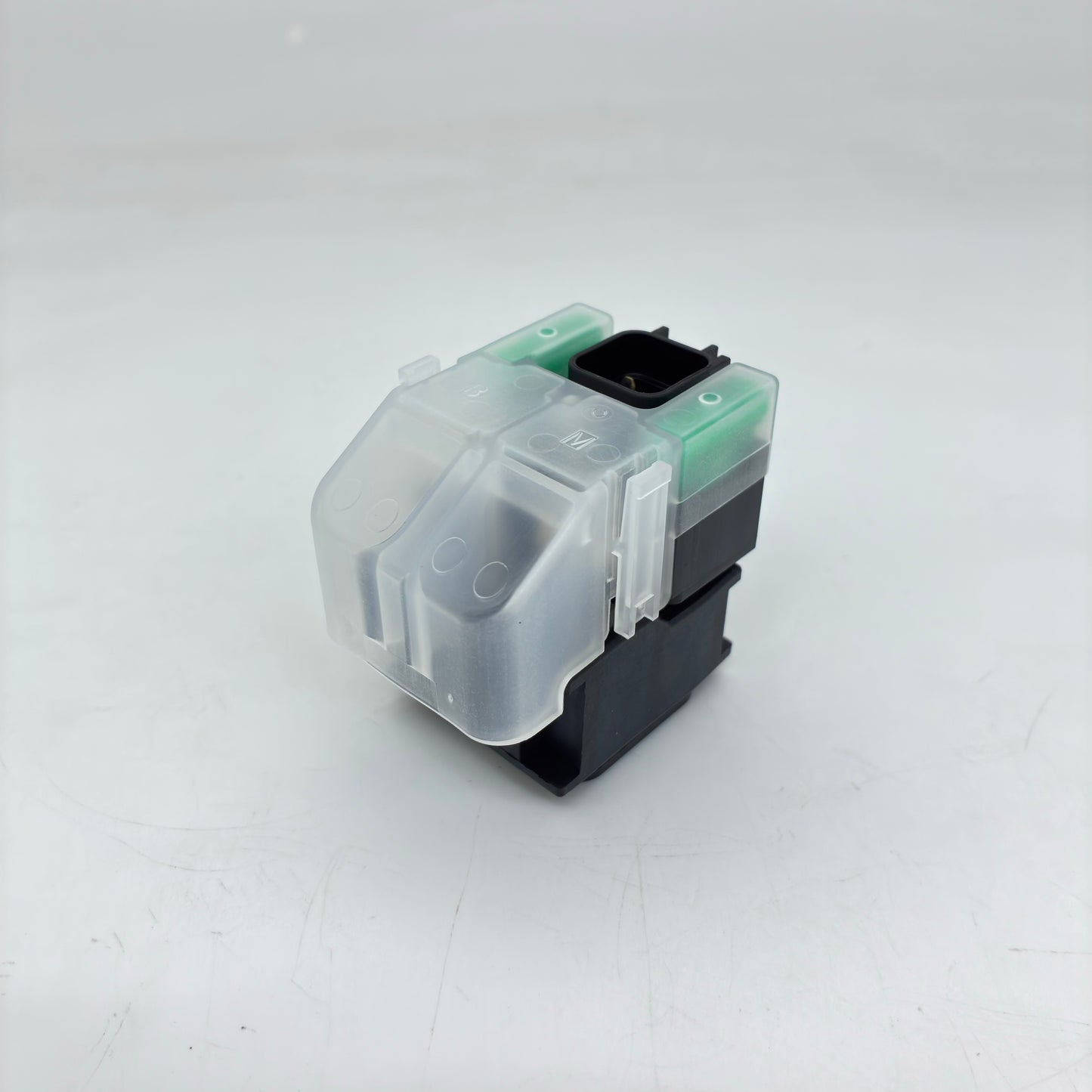 Clear and black ink cartridge on a white background