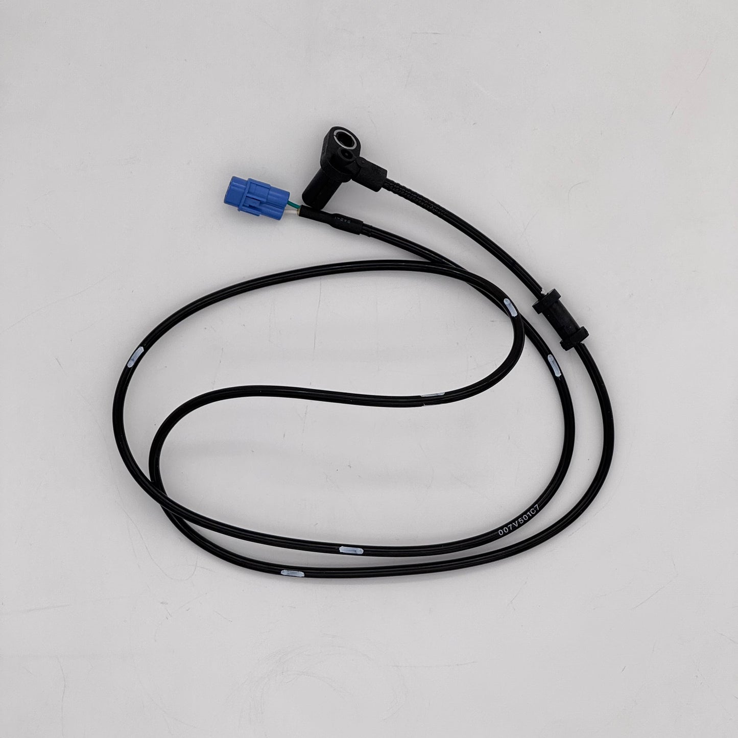 Black cable with blue connector on a white background