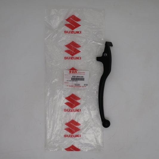 Black Suzuki motorcycle lever on a white background with clear packaging.