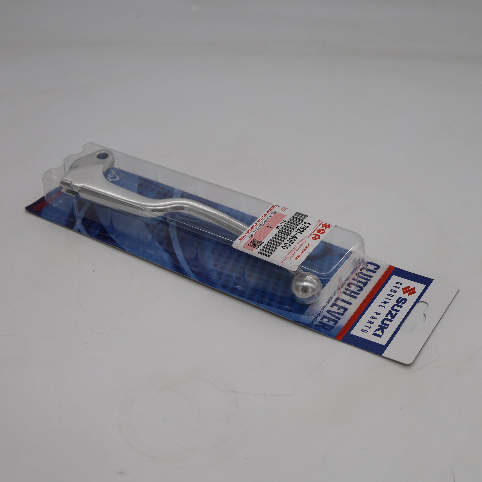 Metal lever on a clear plastic card with a blue border on a white background